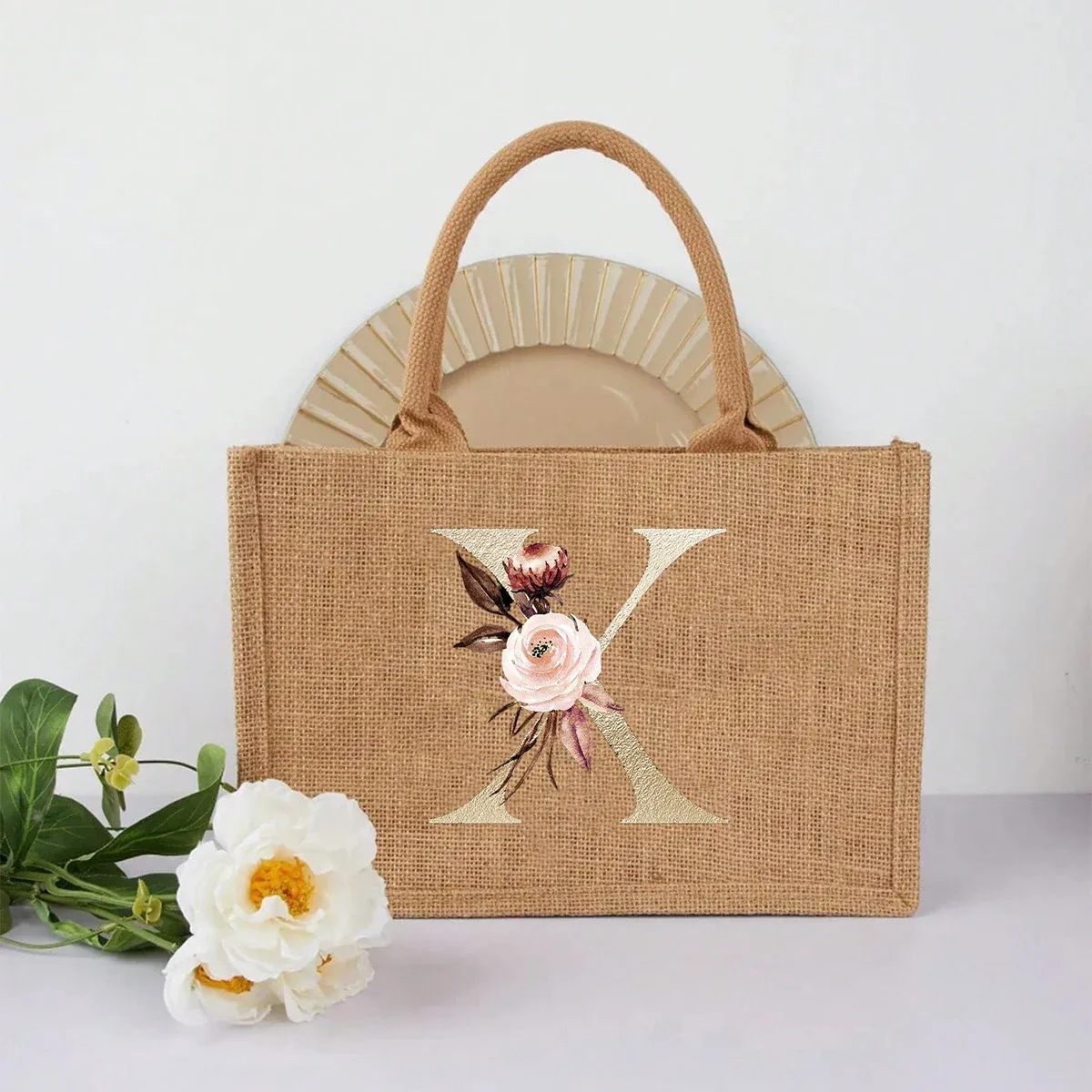 nouveau sac à main élégant en lin à motif lettres dorées, sac à main portable multifonctionnel, sac en lin, sac à main simple grande capacité, sac de rangement décontracté portable, sac de courses multifonctionnel, nouveau design, grande capacité, parfait pour le shopping