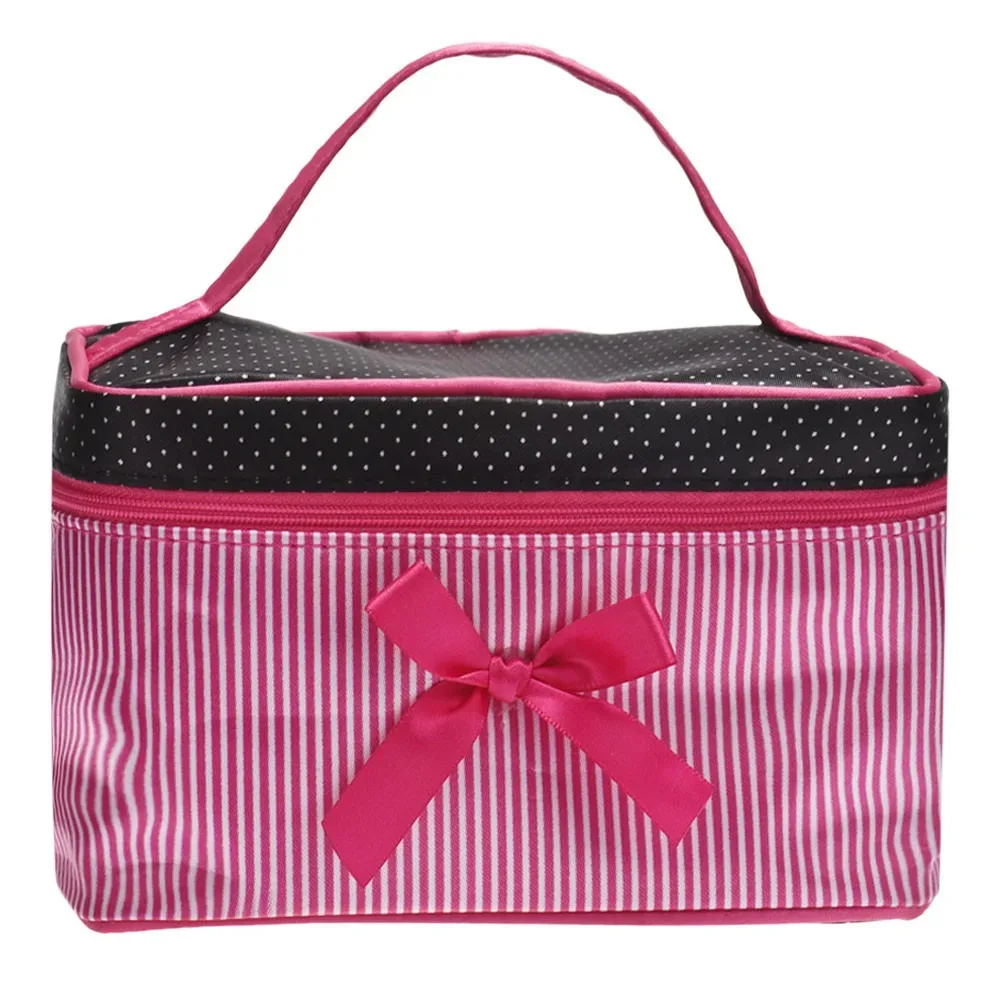 sac à cosmétiques portable mignon à rayures avec nœud, organiseur de lavage, sacs à maquillage, sac à main pour femmes et filles