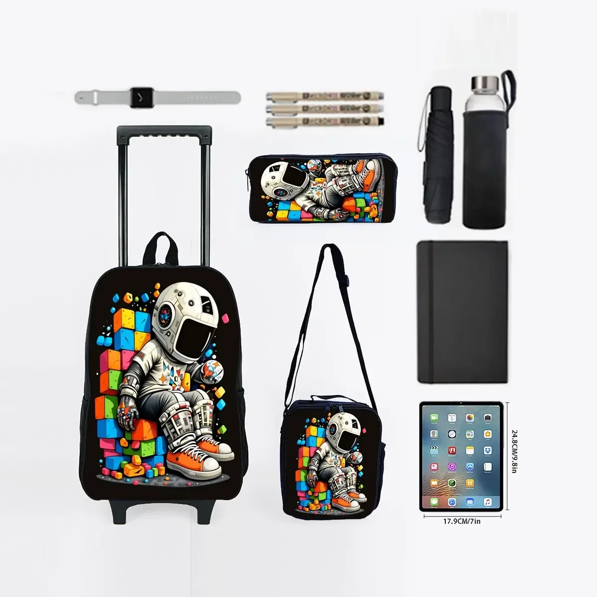 ensemble de sacs à roulettes à imprimé spatial d'astronaute avec boîte à lunch, trousse à crayons, sac à roulettes pour l'école, sac à dos pour fille/garçon
