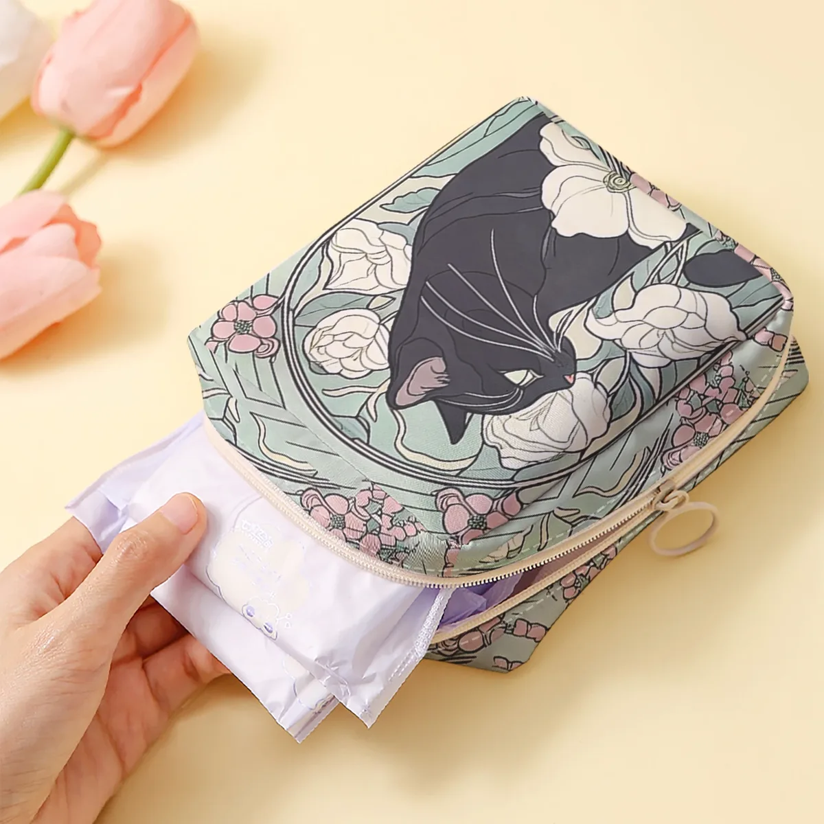 1 sac de rangement pour serviettes hygiéniques imprimé motif chat, sac léger pour mouchoirs pour femmes, sac pour mouchoirs hygiéniques