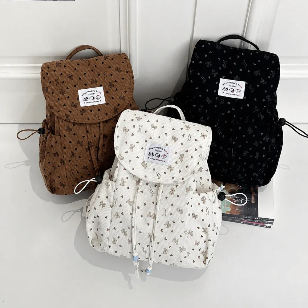 sac à dos léger en velours côtelé à imprimé nœud papillon, décontracté, grande capacité, avec cordon de serrage, polyvalent, design simple, pour étudiant