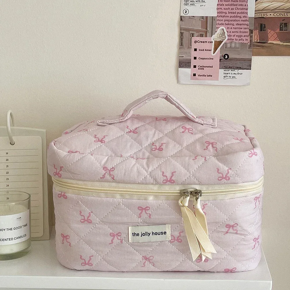 3 pièces grand + moyen + petit nœud papillon rose matelassé femmes sacs à cosmétiques portable fermeture éclair maquillage voyage organisateur sac à main pochette de toilette