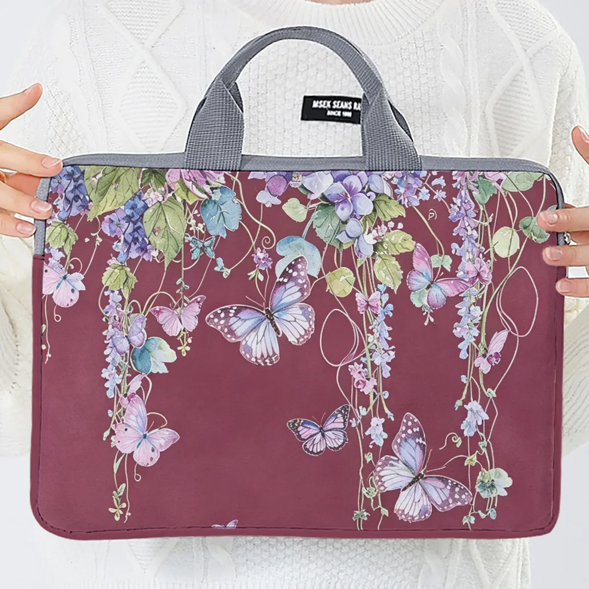 ensemble unique, deux styles, sacoche pour ordinateur portable et porte-documents motif papillon violet, convient aux ordinateurs portables de 14 pouces.