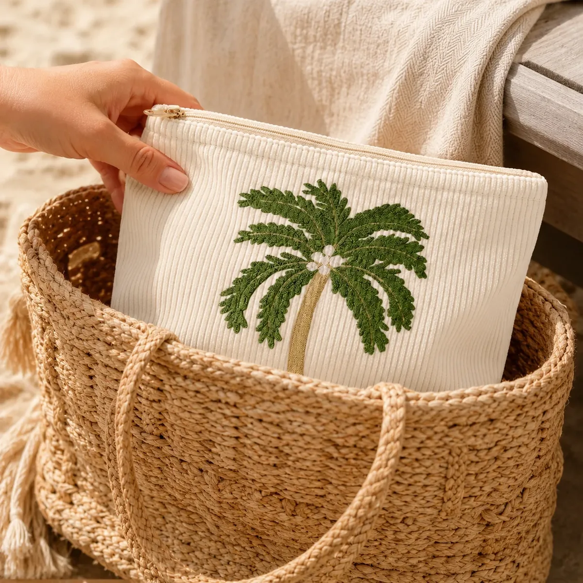 pochette de maquillage en velours côtelé brodée de palmiers tropicaux, trousse de toilette souple à fermeture éclair pour femme, organiseur de voyage pour vacances à la plage