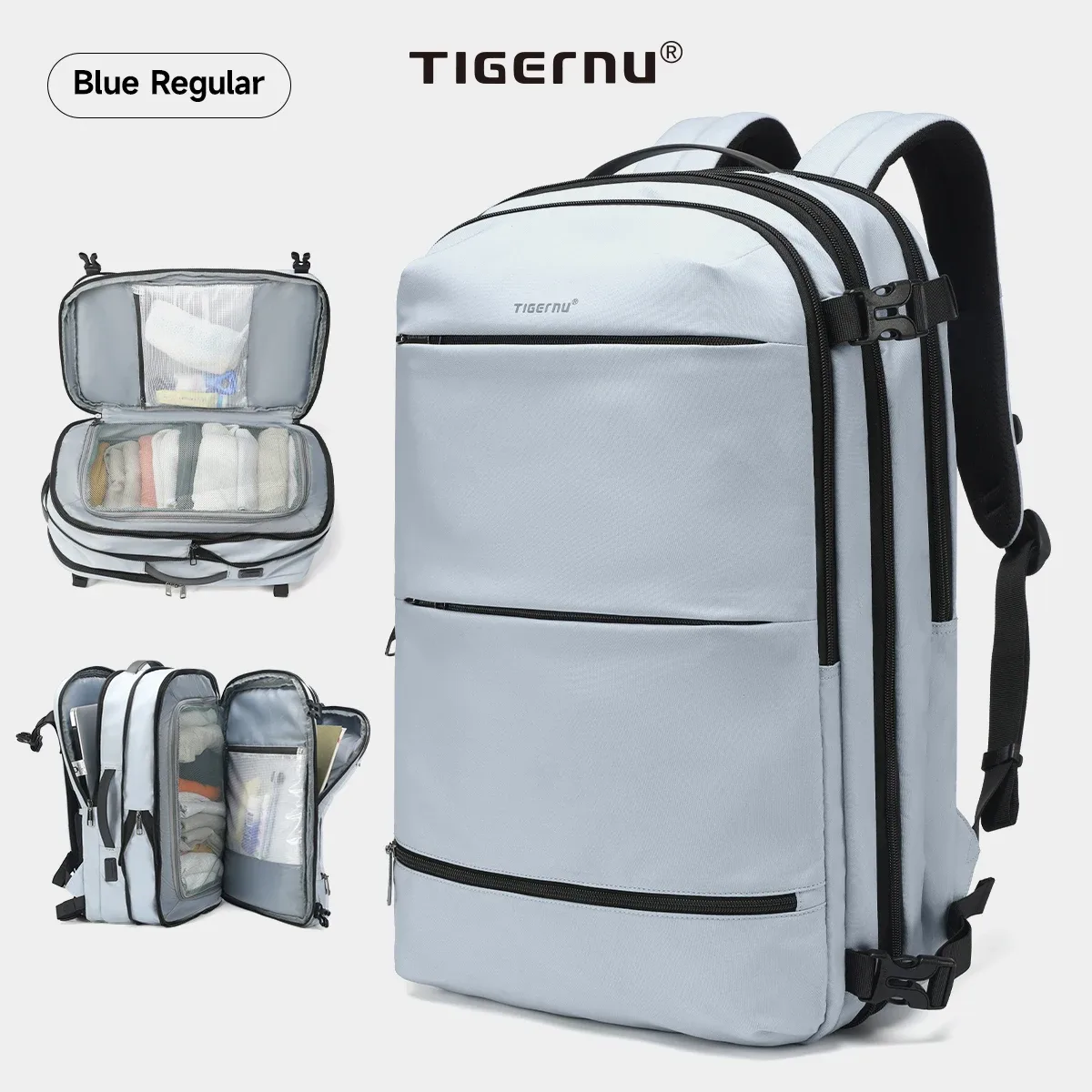 sac à dos de compression sous vide tigernu pour hommes et femmes, sacs à dos de voyage extensibles, bagages avec usb, sac à dos de cabine d'avion pour ordinateur portable de 17 pouces
