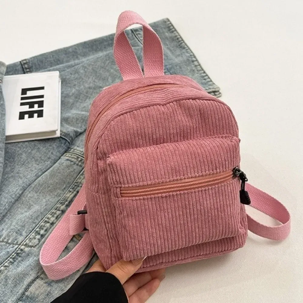 mini sac à dos polyvalent en velours côtelé de couleur unie, léger, avec fermeture éclair, double bandoulière, portable, multi-poches, sac à dos de jour, décontracté, pour voyage