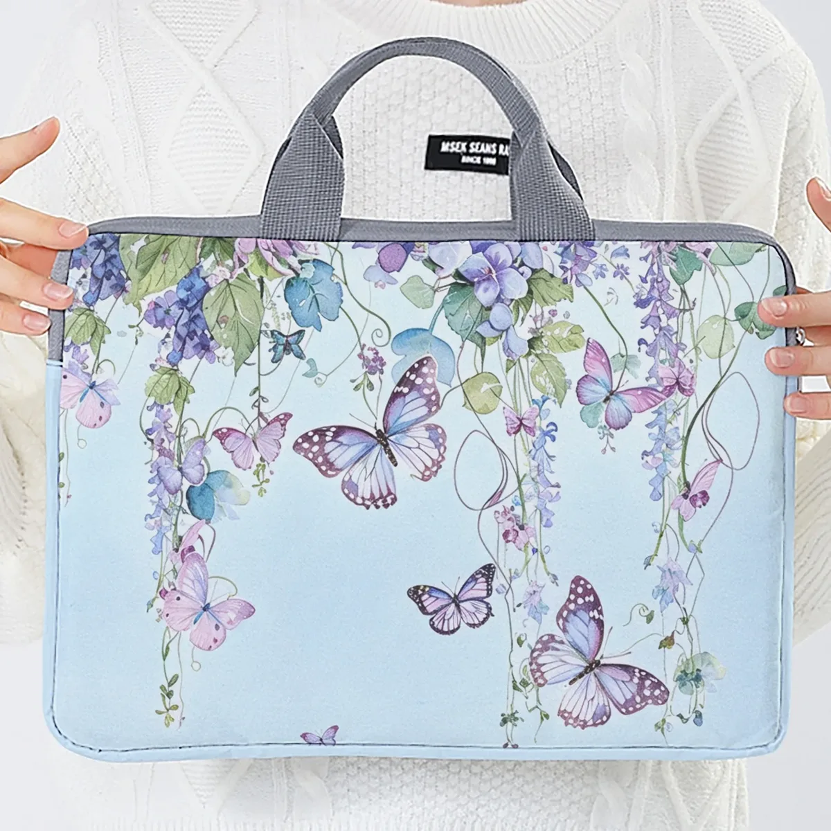 ensemble unique, deux styles, sacoche pour ordinateur portable et porte-documents motif papillon violet, convient aux ordinateurs portables de 14 pouces.