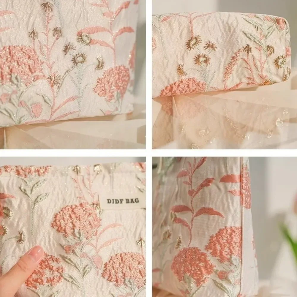 nouveau sac de maquillage de grande capacité sac à cosmétiques à fermeture éclair brodée florale couleur crème articles de toilette sac de rangement de soins de la peau femmes