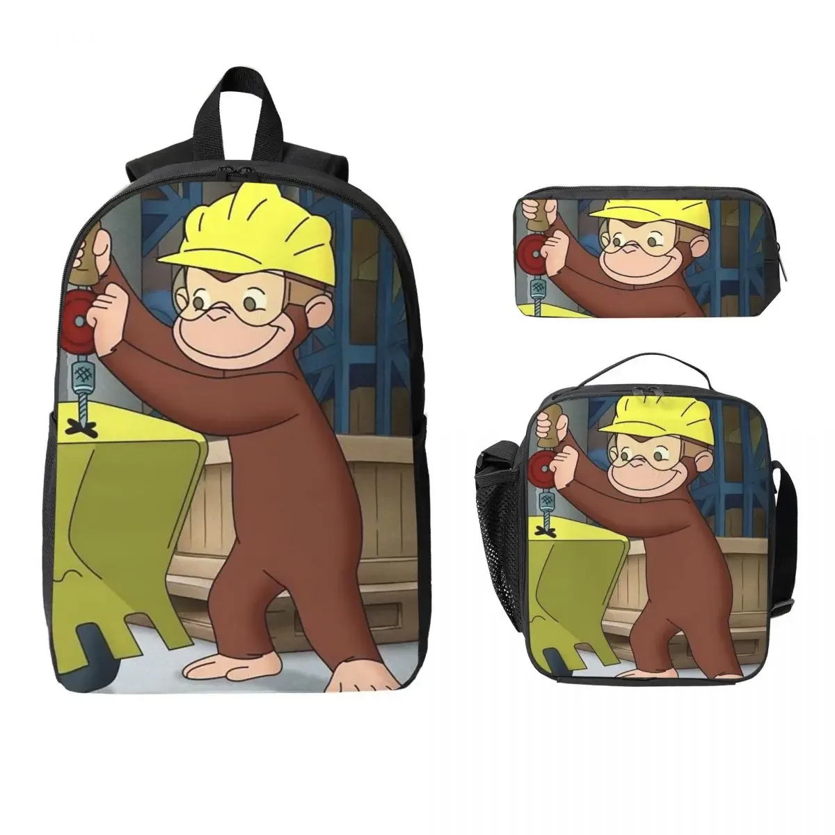 sac à dos anime curious george monkey, sac à livres pour étudiants, sac d'école, sacs à bandoulière pour ordinateur portable, sac à déjeuner isotherme, trousse à crayons, 3 pièces
