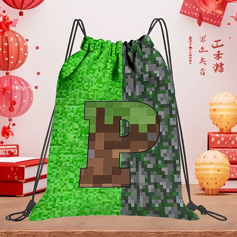 sac à dos à cordon de serrage de grande capacité pour jeux vidéo, avec lettrage pixelisé, unisexe, motif géométrique multicolore, 1 pièce