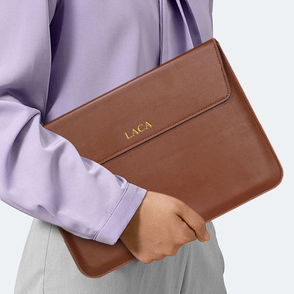 sacoche pour ordinateur portable en cuir pu personnalisable avec nom, pour hommes et femmes, 13/15 pouces, support pour ordinateur en anglais