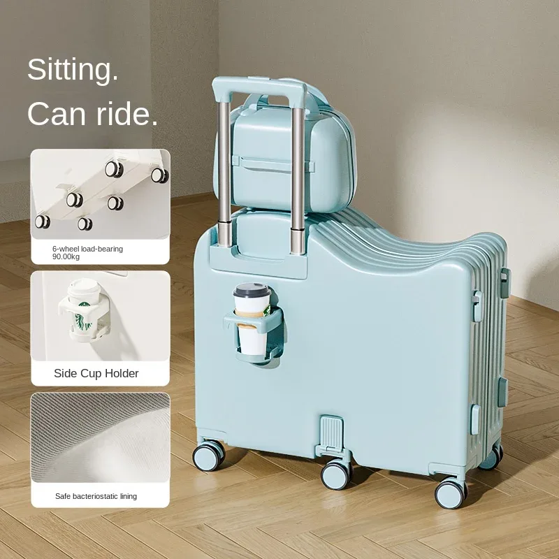 bagage pour enfants peut s'asseoir, valise de 18/20 pouces, ensemble de bagages à six roues, bagages de 22/24 pouces avec porte-gobelet usb, valise de voyage