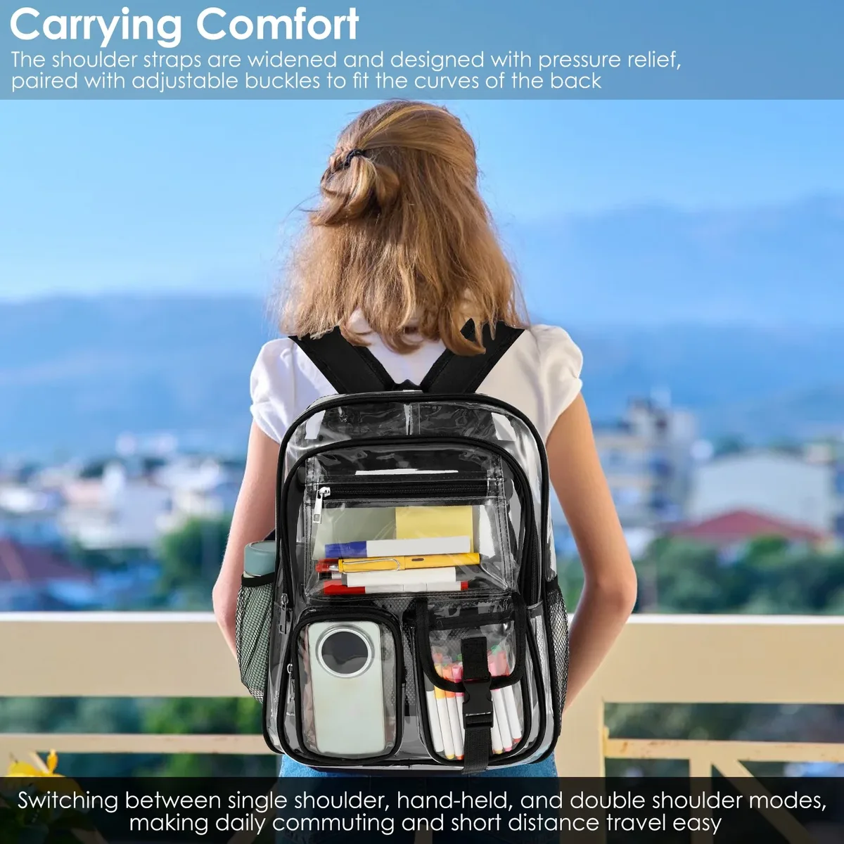 sac à dos transparent en pvc multi-poches, avec bretelles élargies, grande capacité, sac à dos de sport tendance pour étudiants