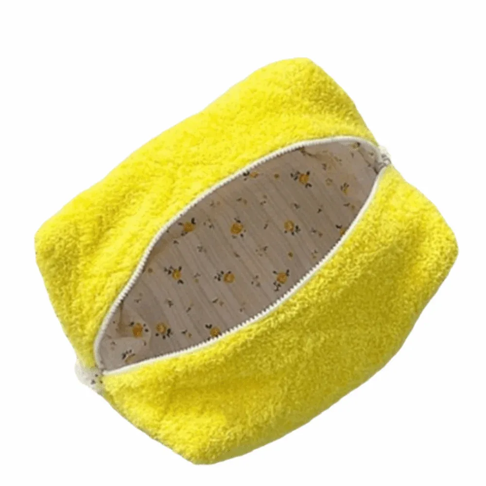sac à cosmétiques de grande capacité, sac de maquillage design portable en peluche, sac de rangement de style kawaii de couleur pure, rangement de maquillage