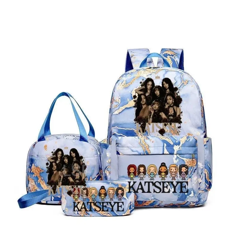 sacs à dos katseye à imprimé amusant avec sacs à lunch, multi-poches, camouflage, pour adolescents, sac à dos de voyage pour ordinateur portable, sac d'école pour femmes, mochila