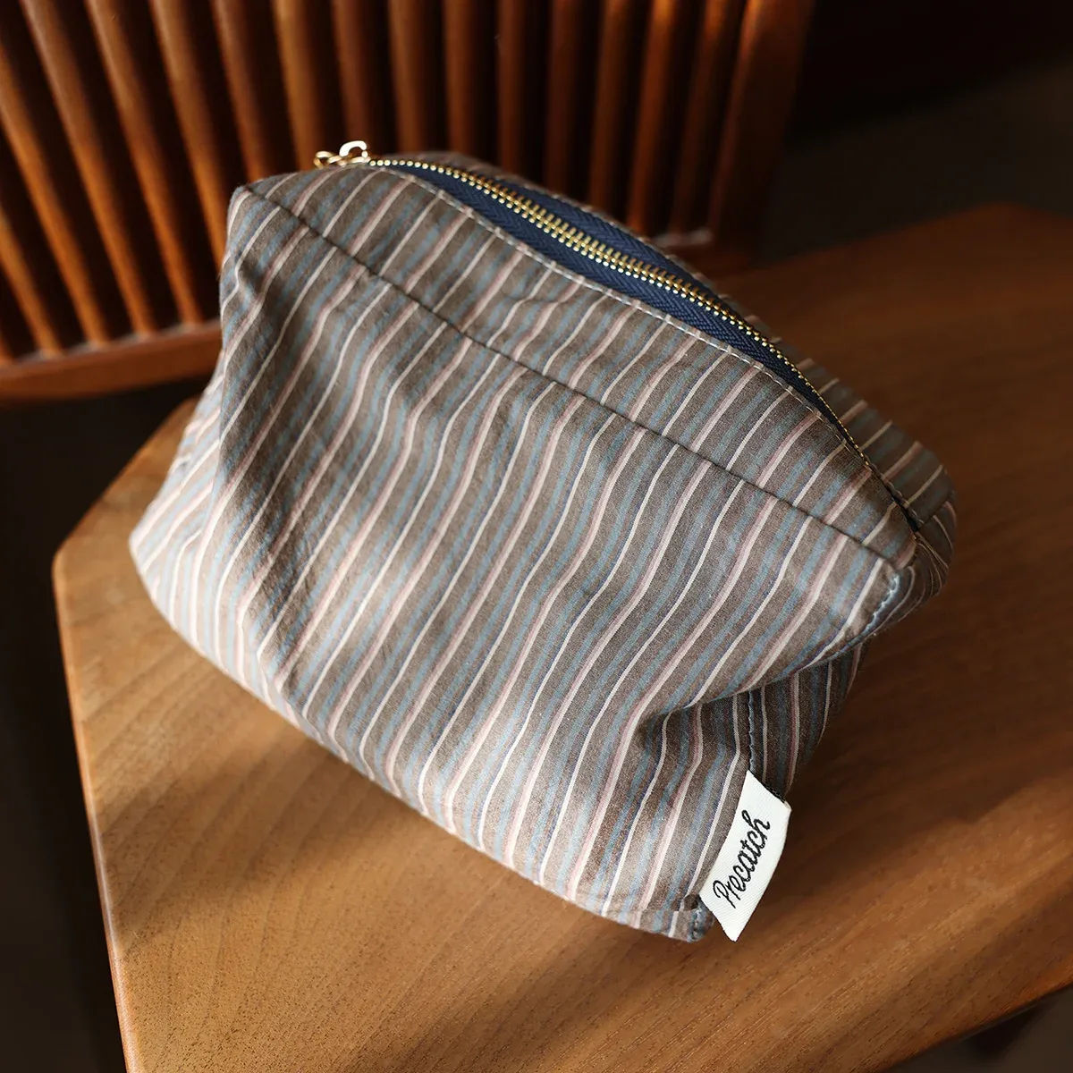 sac à cosmétiques en tissu rayé à carreaux, sac de rangement carré à fermeture éclair en trois dimensions, sac à main de voyage portable, trousse de maquillage