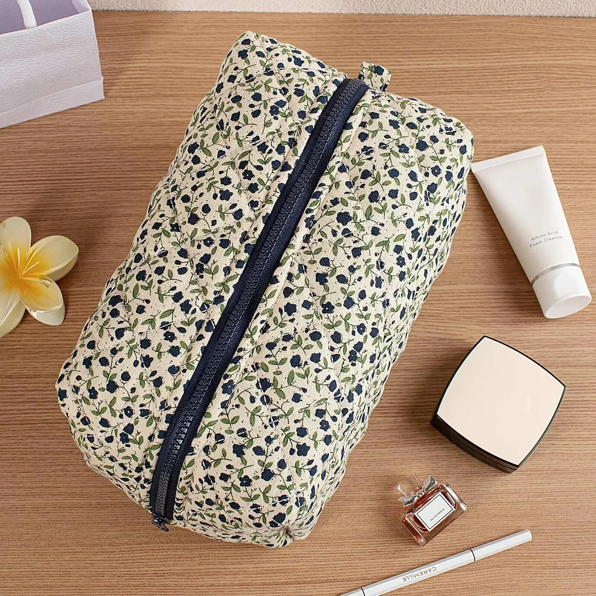 1pc fleur imprimé gonflé matelassé fermeture éclair maquillage sac organisateur de rangement toilette sac à main pochette cosmétique grand voyage sac cosmétique