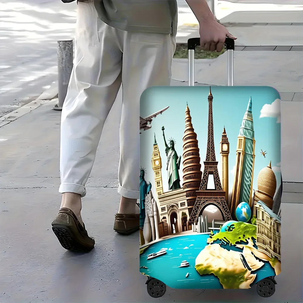 1 housse de bagage imprimée avec des monuments mondiaux, pour bagages de 18 à 32 pouces ; accessoires de voyage vibrants et résistants pour une protection efficace
