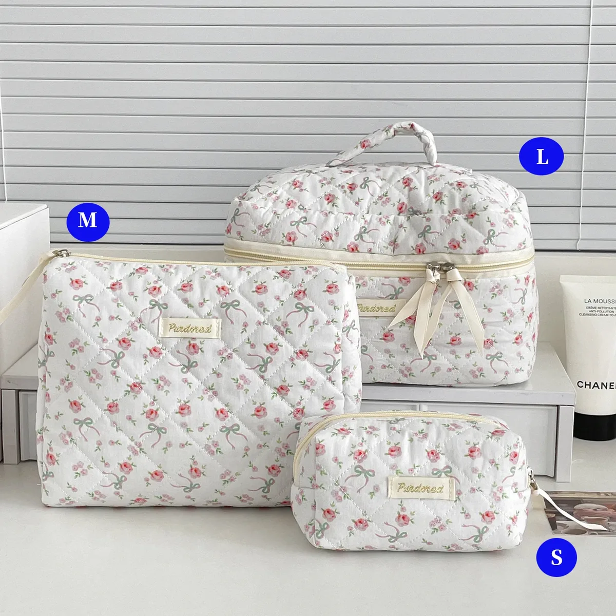 ensemble de trousses de toilette matelassées à fleurs style yt ins, en coton, pour organiser les cosmétiques, sacs de voyage pour articles de toilette, comme cadeau pour filles