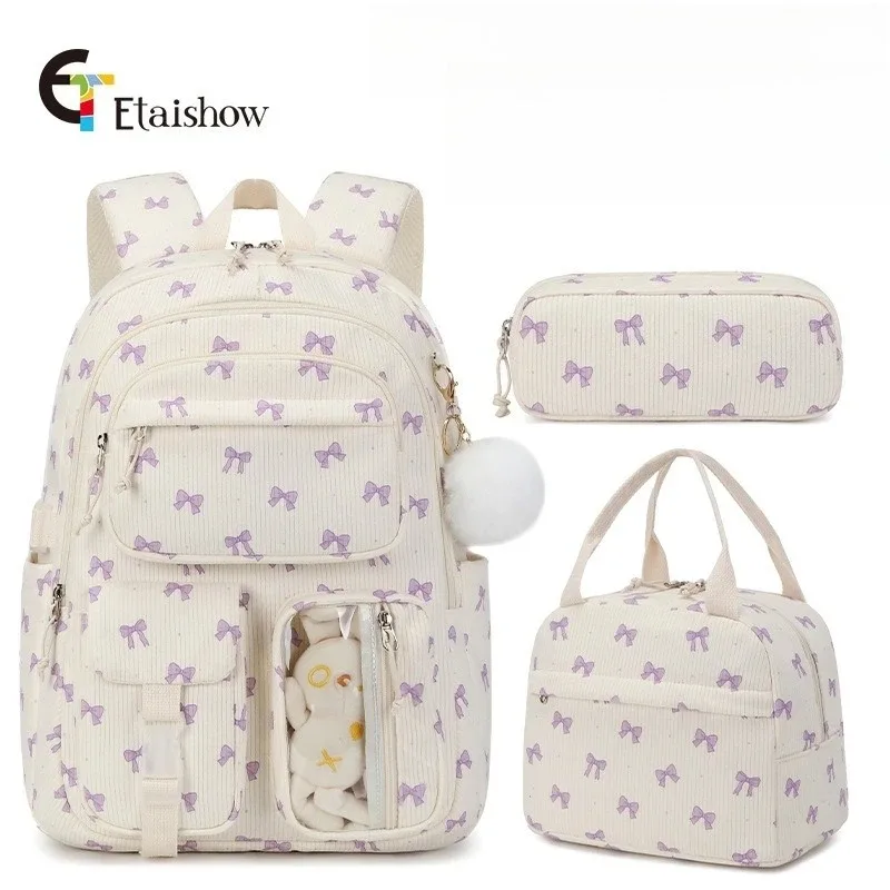 lot de 3 sacs à dos en velours côtelé motif fraise, multifonctionnels, pour l'école, les voyages, grande capacité, légers, pour étudiants
