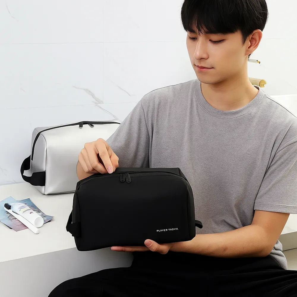 sac à cosmétiques étanche pour hommes, trousse de toilette légère en pu de grande capacité, trousse de maquillage à main avec séparation sèche et humide