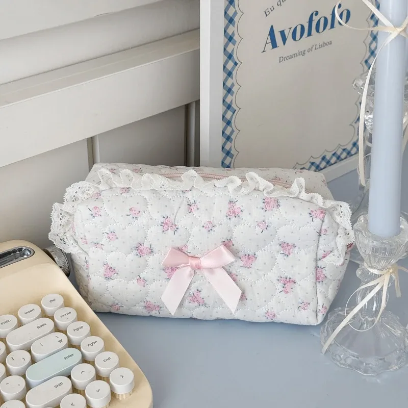 petite trousse de maquillage en dentelle à fleurs roses pour femmes, organisateur de voyage, pièces de monnaie cosmétiques, pochette pour filles, mignon nœud carré, sacs portefeuille à fermeture éclair