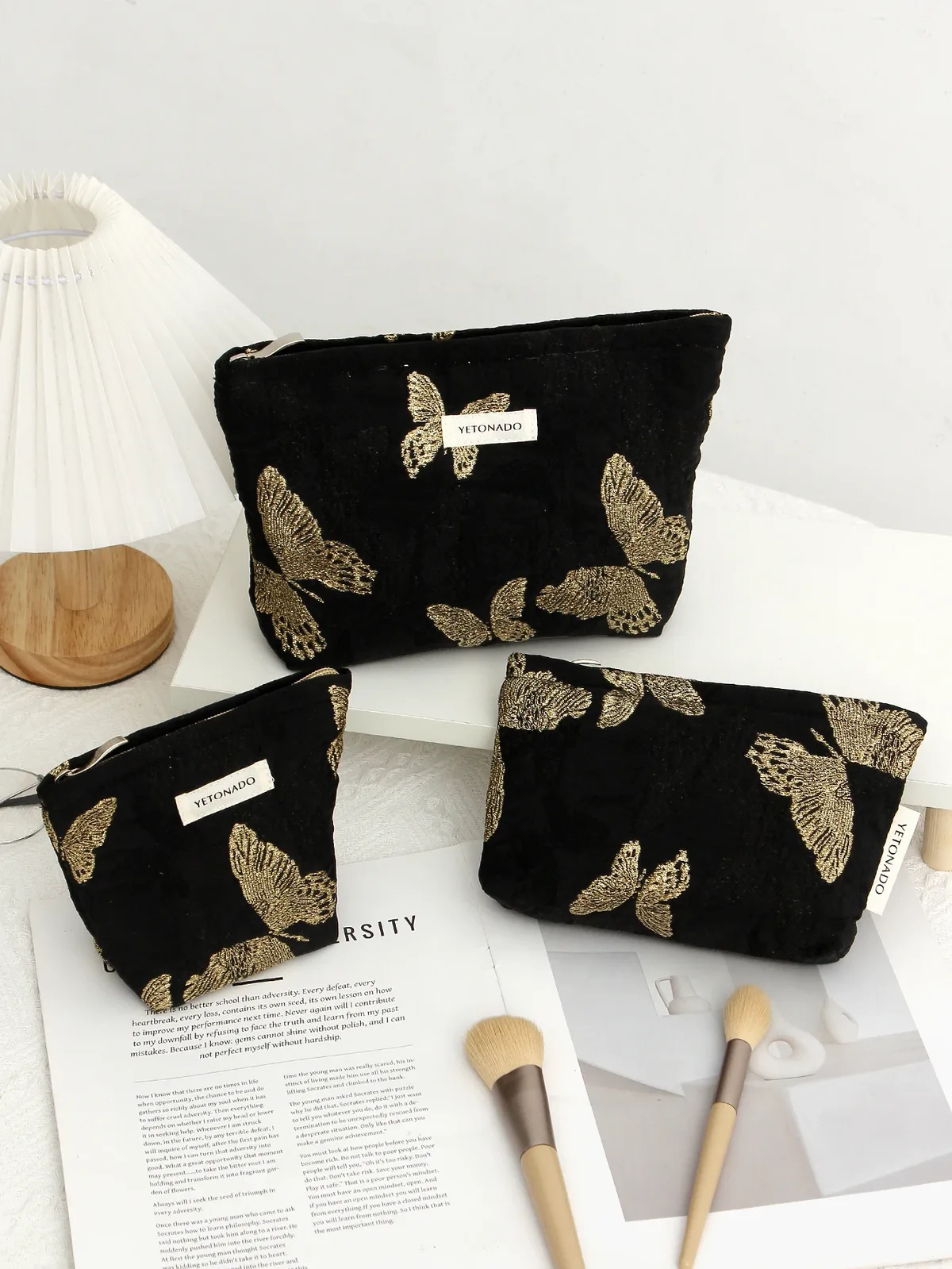 1 p/ensemble trousse de maquillage papillon noir, trousse de maquillage à fermeture éclair de grande capacité à la mode, sac de rangement multifonctionnel