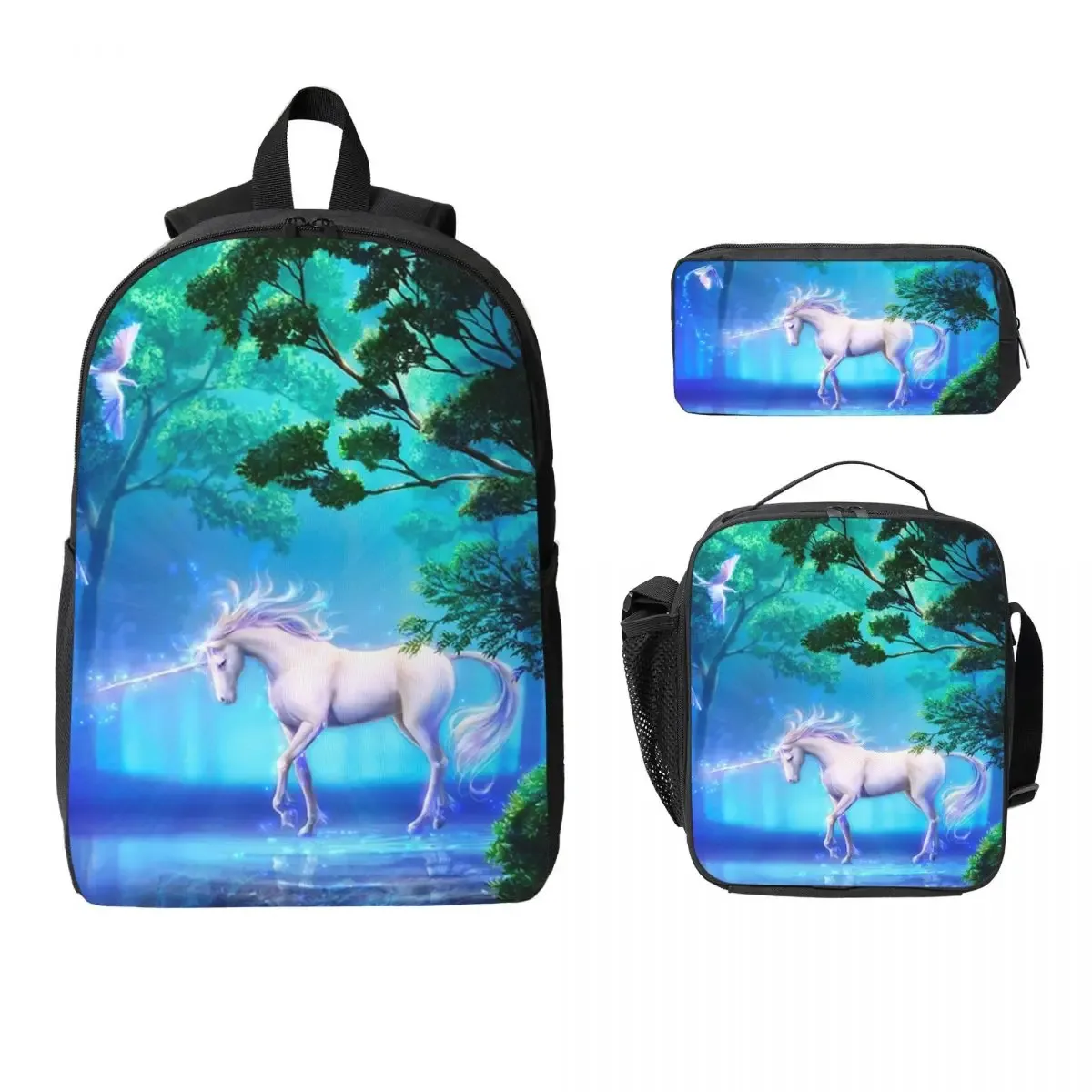 sac à dos unicorn academy pour garçons et filles, sac d'école, sac à bandoulière pour ordinateur, 3 pièces, sac à déjeuner isotherme, trousse à crayons