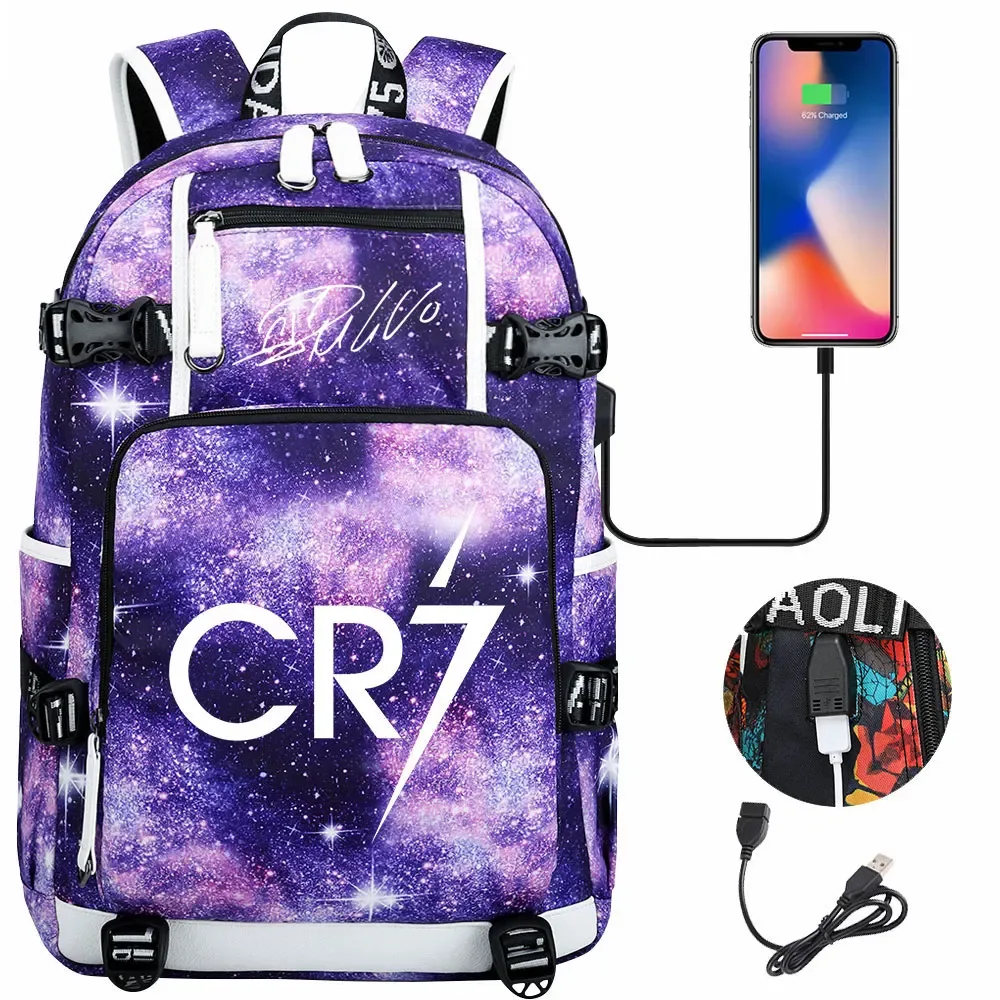 football star cr7 usb grande capacité étudiant mochila femmes hommes ordinateur portable voyage sac à dos garçons filles enfants retour à l'école livre sacs