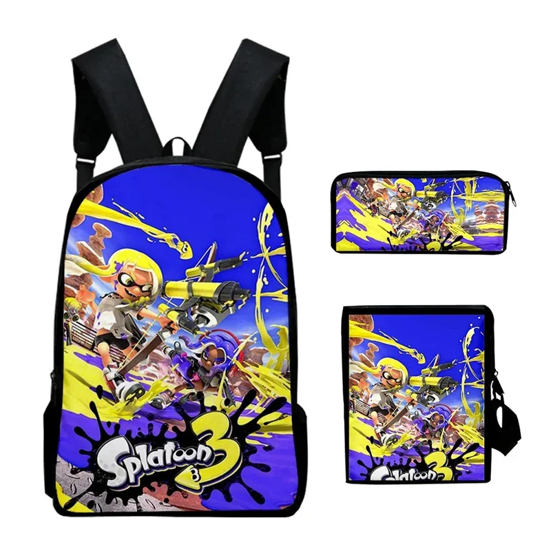 splatoon-sac à dos pour ordinateur portable, sac à bandoulière incliné, trousse à crayons, sac à dos pour 3 élèves, jeu de mode créatif, ensemble de 3 pièces