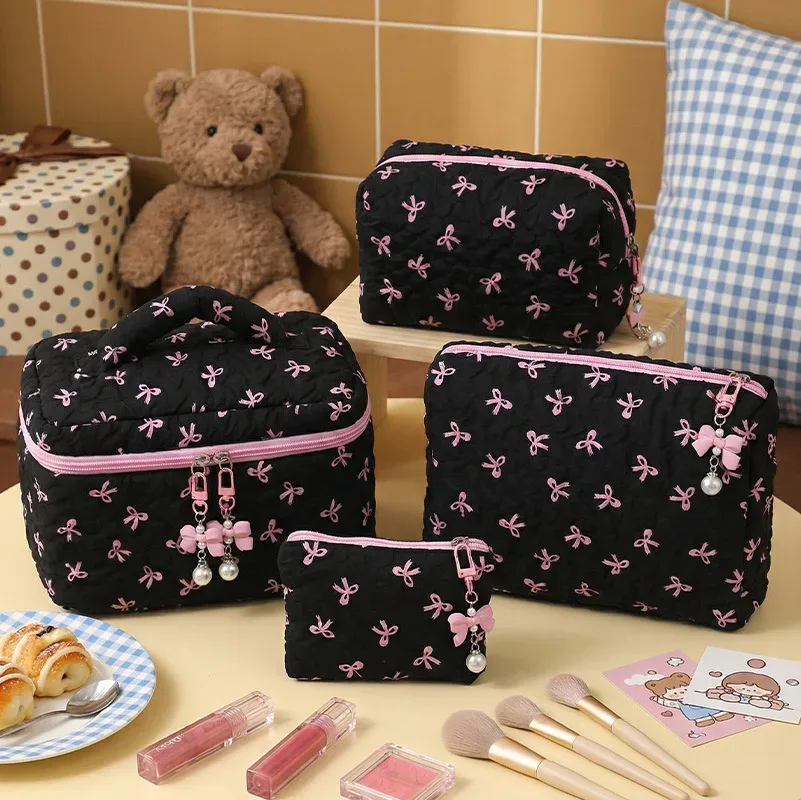 nouvelle trousse de maquillage élégante à nœud, grande capacité, pochette de maquillage à main, trousse de toilette portable pour femmes, organisateur de rangement pour rouges à lèvres