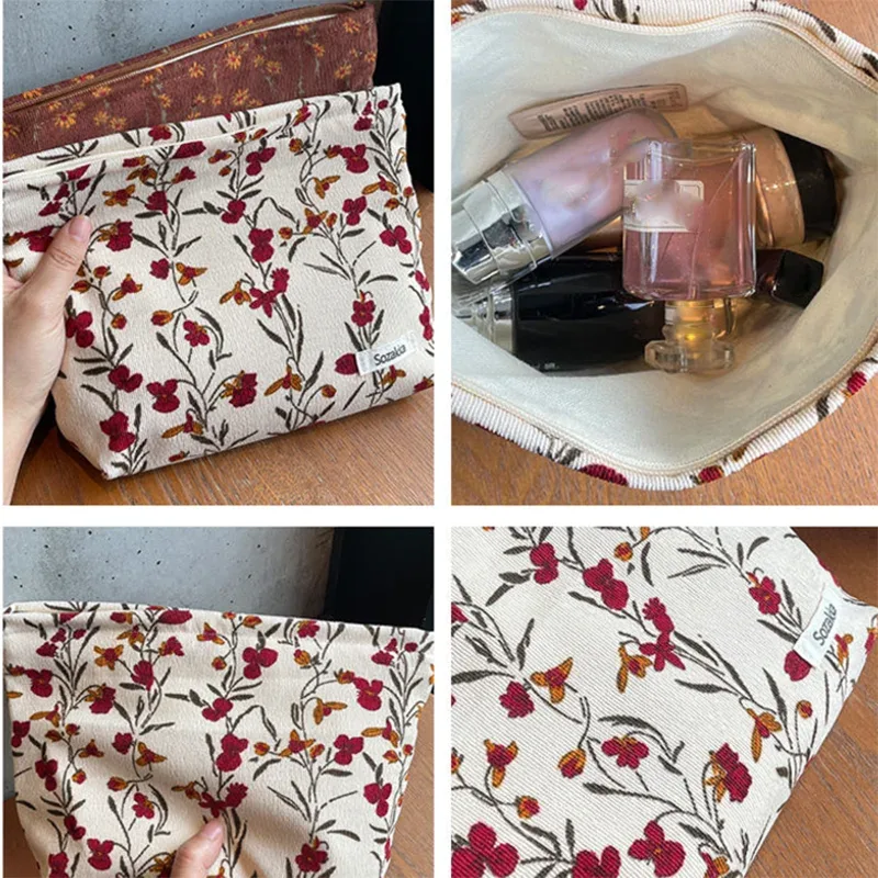 trousse de maquillage portable en velours côtelé pour femme, sac de rangement pour téléphone portable, trousse de maquillage pour fille, poudres, fleur vintage, voyage