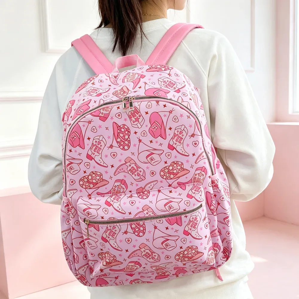 sac à dos classique imprimé cowboy rose, sac à dos en nylon mignon, sac de voyage léger et simple pour femmes, 1 pièce