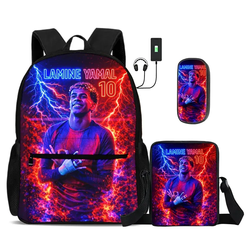ensemble de 3 sacs à dos scolaires pour enfants avec sac à bandoulière et trousse à crayons, sac à dos l-lamin yamal avec interface usb