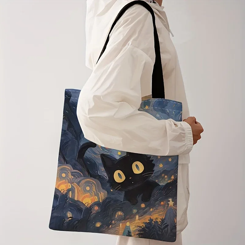sac fourre-tout imprimé motif chat de nuit noir, fourre-tout en tissu de coton de dessin animé, sacs à bandoul