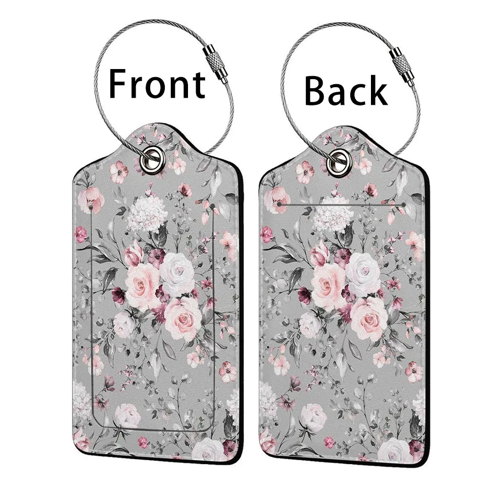étiquette de bagage d'affaires en cuir imprimé de belles fleurs, étiquette d'adresse de valise, étui d'embarquement de bagages, clip d'adresse d'identification de nom