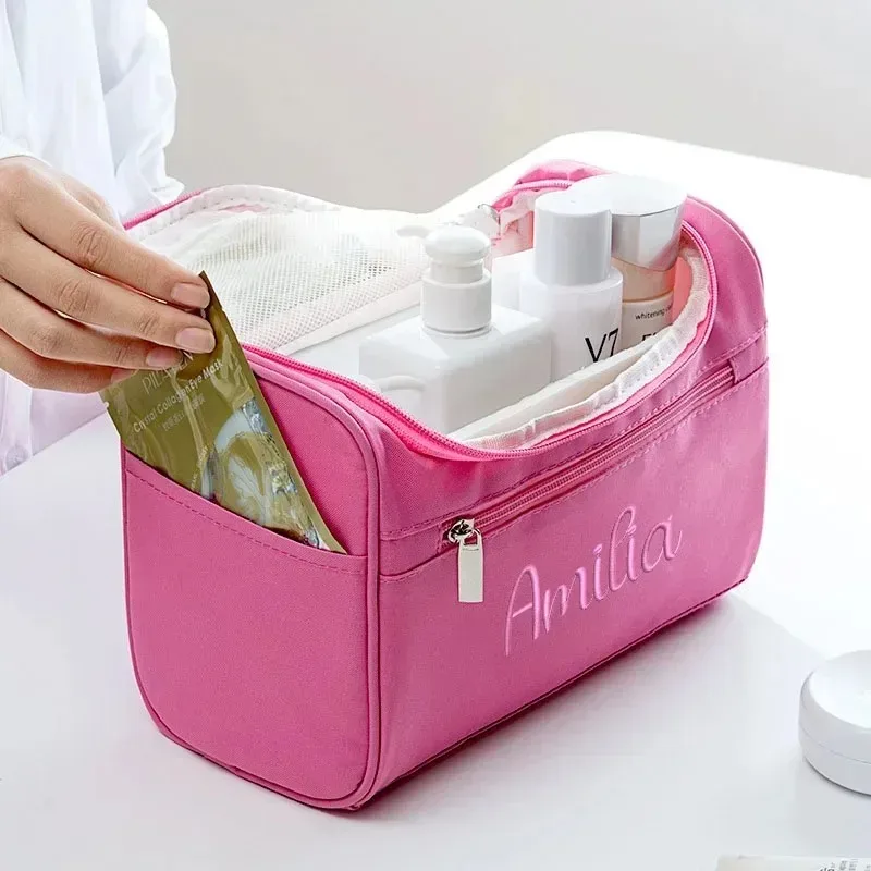 trousse à cosmétiques simple personnalisée – trousse de toilette brodée personnalisée de grande capacité, pochette de rangement de voyage portable, nom personnalisé m