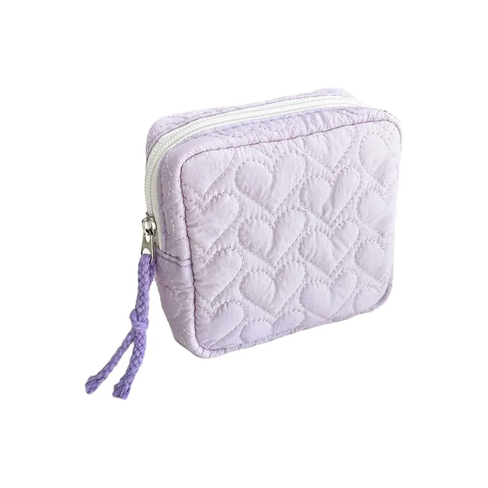 sac cosmétique portable à fermeture éclair, compact, en tissu doux, pochette de voyage pour articles de toilette, motif cœur carré, mini pochettes de maquillage pour voyage.