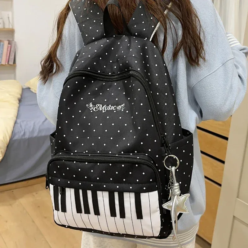 sac à dos à touches de piano à pois, sac à dos de style japonais à blocs de couleur, sac à dos en forme de piano de style scolaire, grand sac de voyage pour femmes