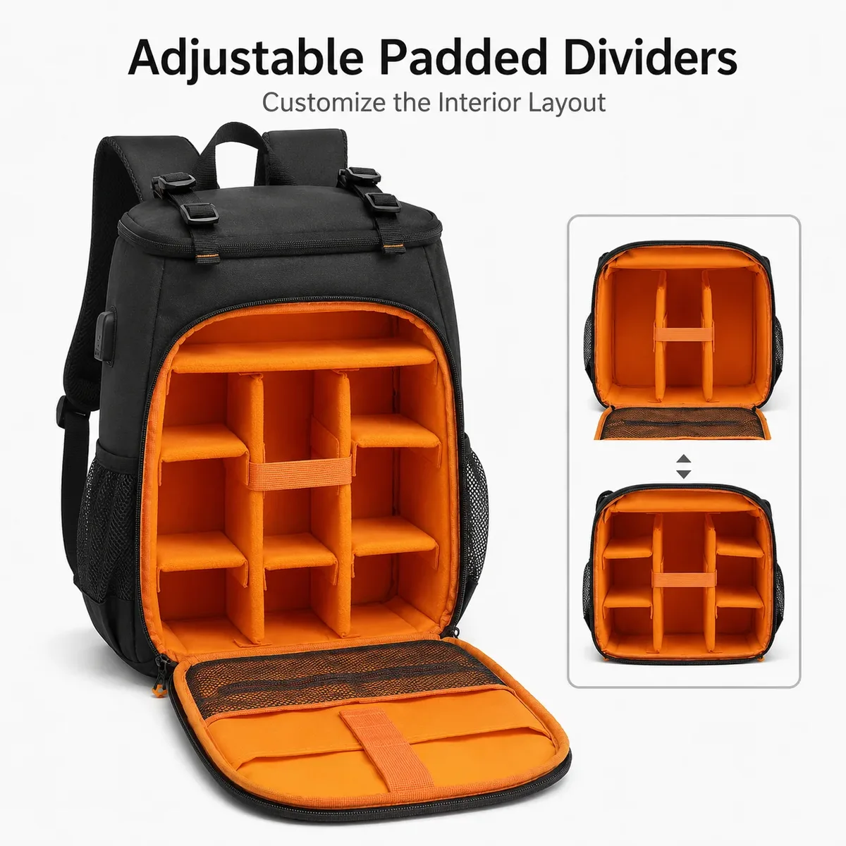sac à dos pour appareil photo résistant à l'eau pour appareils photo reflex et hybrides avec port usb, séparateurs rembourrés, compartiment pour ordinateur portable et support pour trépied