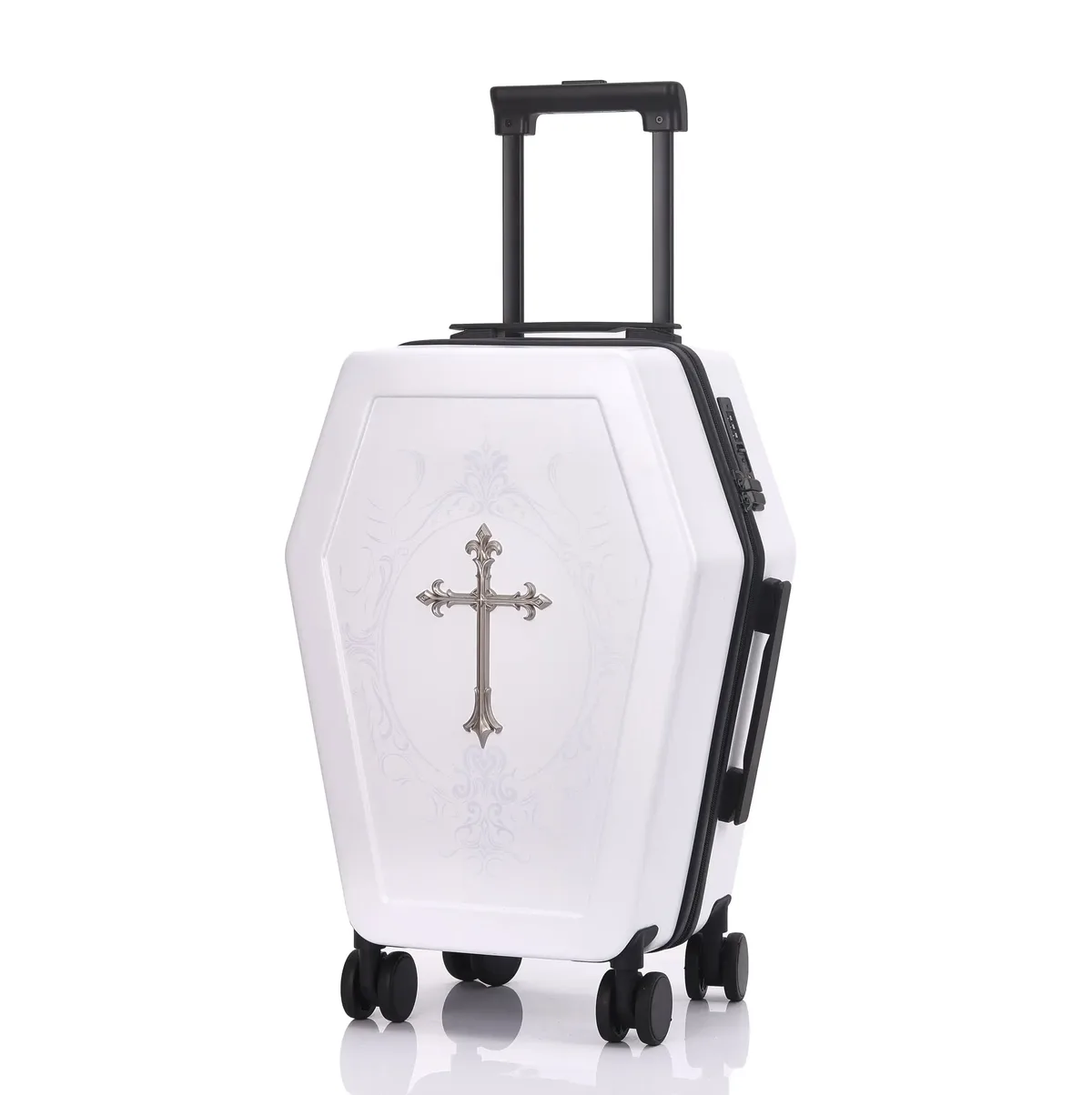 valise gothique au design unique en forme de cercueil, sac de voyage d'halloween, coffre rétro noir, valise à thème vampire, bagage à esthétique sombre.