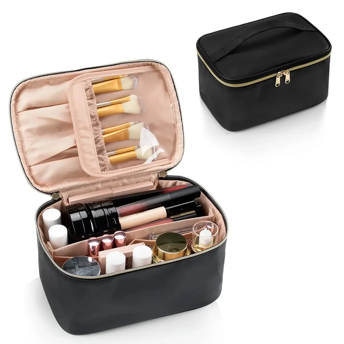 sac de voyage portable grande capacité pour maquillage, organiseur de cosmétiques avec compartiments, étui de transport en pu à poignée
