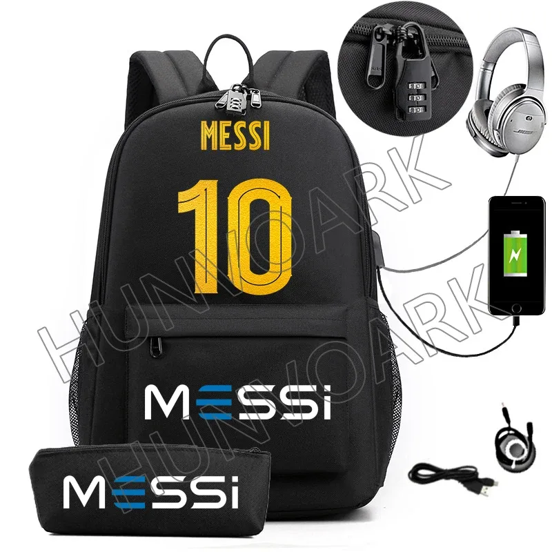 2 pièces messi sac à dos an-ti lock usb femmes hommes capacité adolescents sacs d'école pour ordinateur portable décontracté lycéens mochilas
