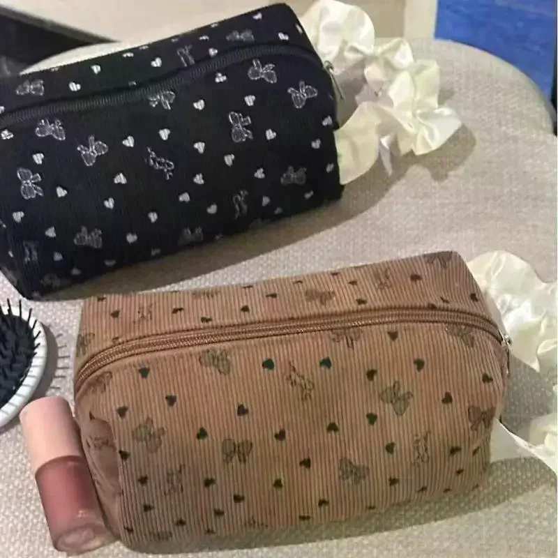 kawaii – trousse de maquillage avec nœud en velours côtelé, grande capacité, sacs à cosmétiques multifonctionnels pour femmes, étuis à main, trousse à crayons, sac de rangement