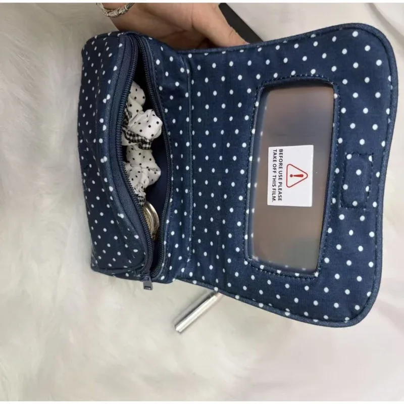 trousse de toilette coréenne en toile à pois rose tendance avec miroir rabattable, sac de voyage portable à fermeture éclair pour cosmétiques, cadeau mignon pour fille
