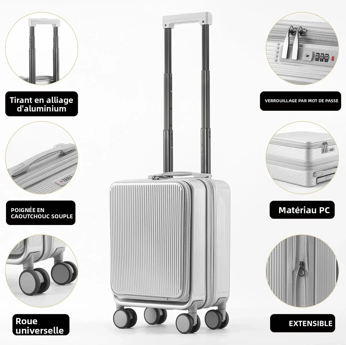 bagage à main extensible de 16 pouces, valise à ouverture frontale, grand compartiment profond, organisateur humide/sec abs + pc 360 ° roues à rotation silencieuses