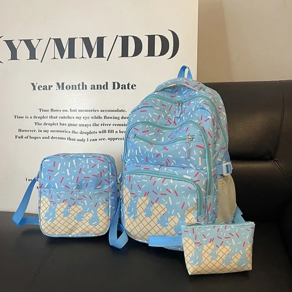 ensemble de sacs à dos en tissu oxford imprimé crème glacée avec trousse à crayons, sac à dos de grande capacité assorti à un sac bandoulière et un sac fourre-tout.