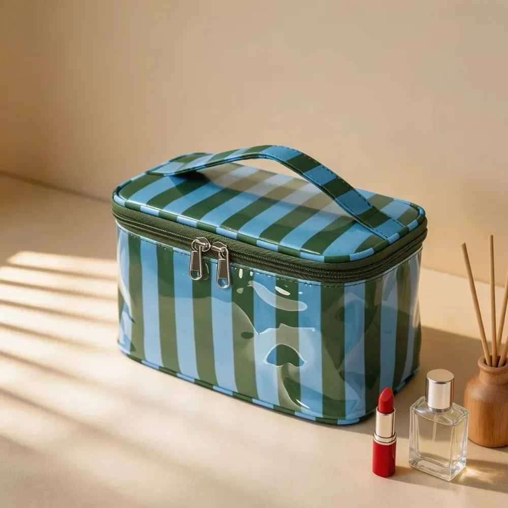 sac de rangement pour articles de toilette à rayures, en pvc, durable, sac de voyage pour cosmétiques, étanche, léger, étui pour pinceaux de maquillage
