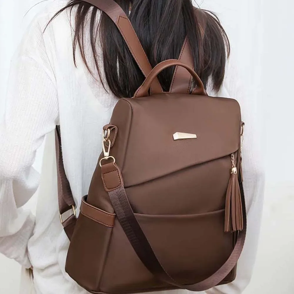 sac à dos en nylon de grande capacité pour femmes, multi-poches, doux au toucher, imperméable, avec pompon décoratif, multi-usages, antivol, sac à dos de jour