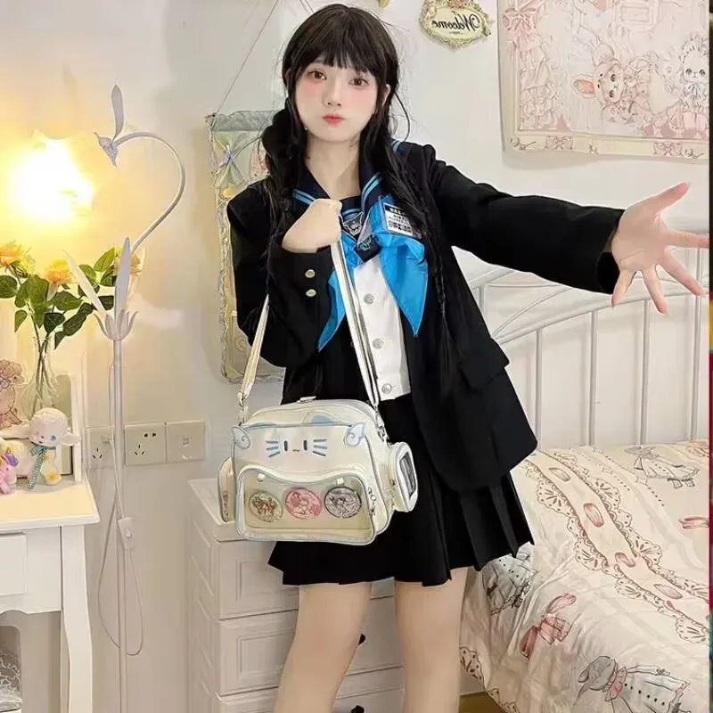 sac à dos chat argenté du japon y2k, sac d'école ita pour adolescent mignon, sac de voyage à poche transparente pour filles douces, femmes et garçons